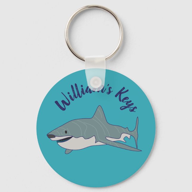 Great White Shark Teal Blue Personalised Key Ring (Front)
