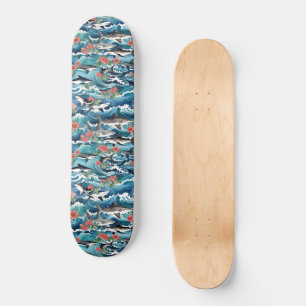 Great White Sharks In Crashing Waves Floral Skateboard