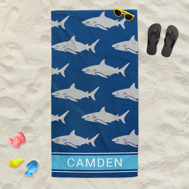 Great White Sharks Navy Blue Custom Name Beach Towel (Creator Uploaded)
