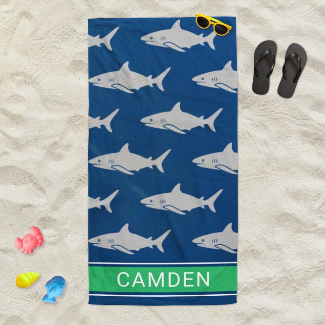 Great White Sharks Navy Green Custom Name Beach Towel (Creator Uploaded)