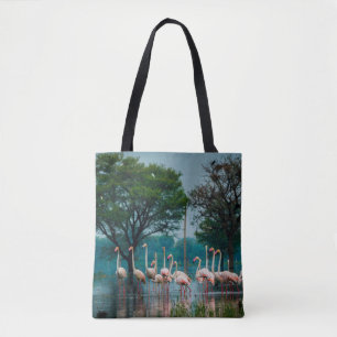 Greater flamingo flock in natural habitat. A natur Tote Bag
