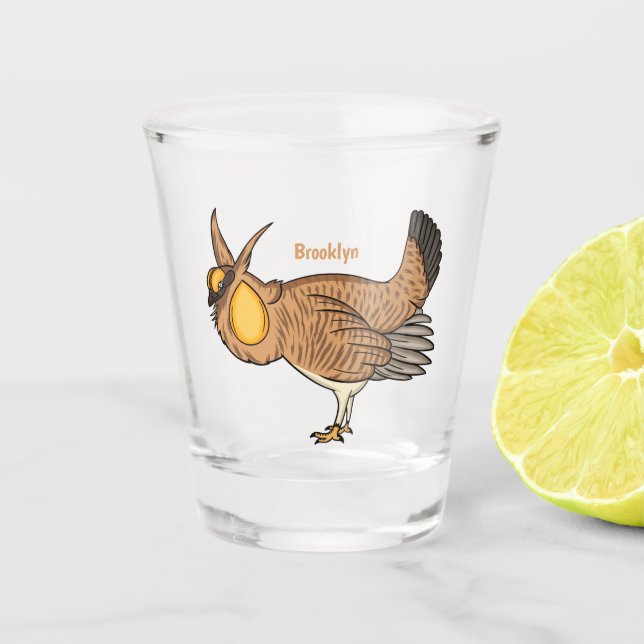 Greater prairie chicken cartoon illustration  shot glass (Front)