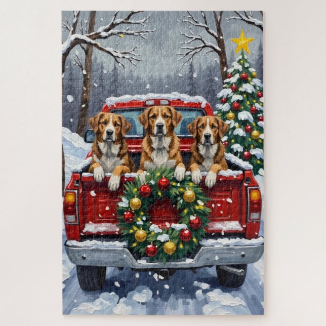 Greater Swiss Mountain Dog Christmas Red Truck Jigsaw Puzzle (Vertical)