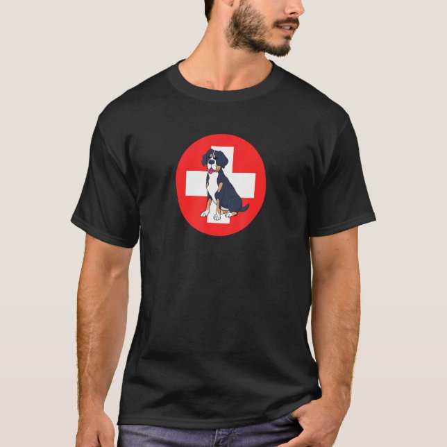 Greater Swiss Mountain Dog in front of the Cross T-Shirt (Front)