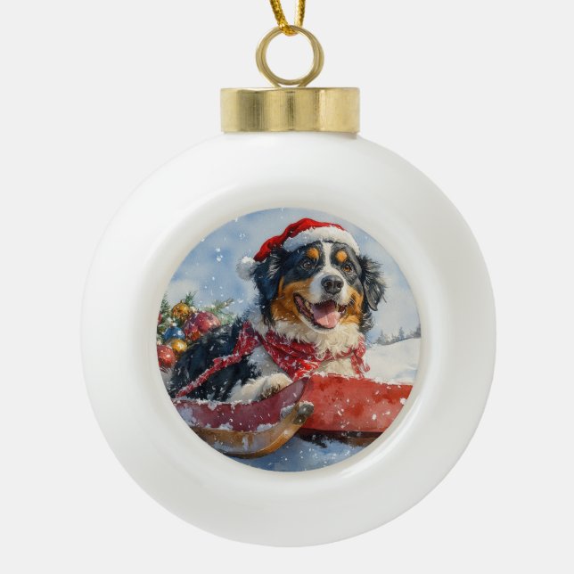 Greater Swiss Mountain Dog in Sledge Christmas Ceramic Ball Christmas Ornament (Front)