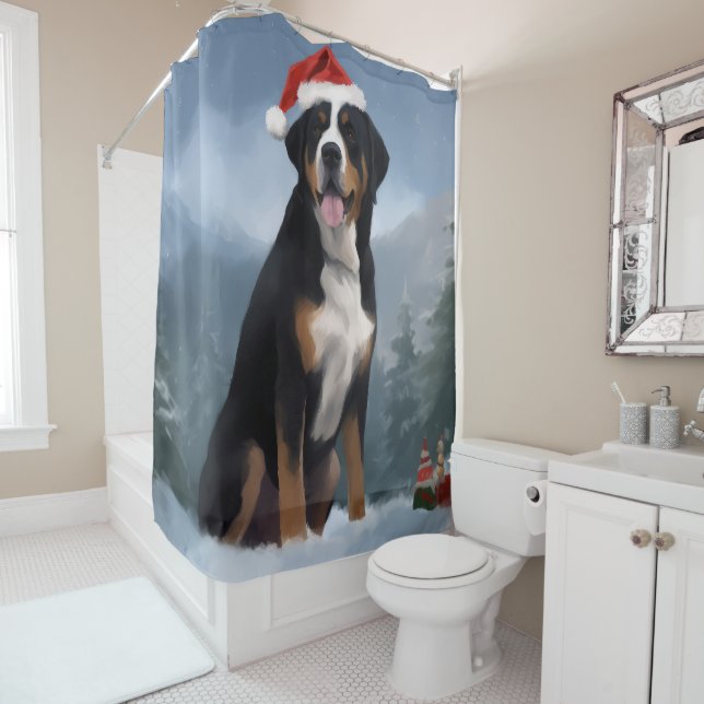 Greater Swiss Mountain Dog in Snow Christmas  Shower Curtain (In Situ)