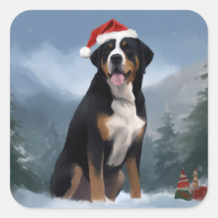 Greater Swiss Mountain Dog in Snow Christmas Square Sticker
