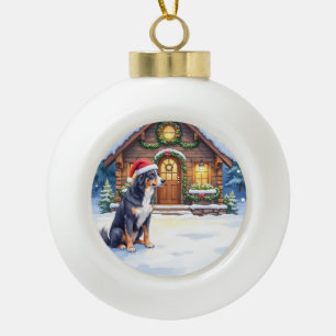Greater Swiss Mountain Dog Snowy Cabin Santa Hat Ceramic Ball Christmas Ornament