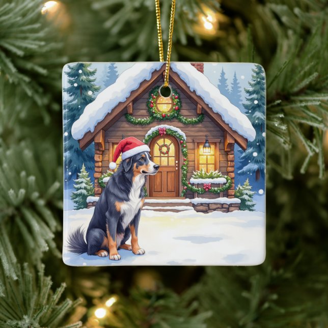 Greater Swiss Mountain Dog Snowy Cabin Santa Hat Ceramic Ornament (Tree)