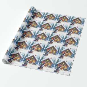 Greater Swiss Mountain Dog Snowy Cabin Santa Hat Wrapping Paper