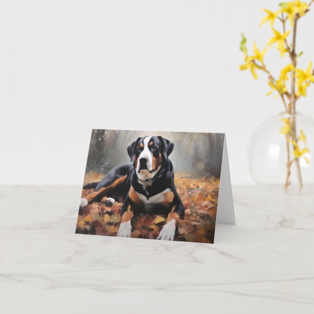 Greater Swiss Mountain  in Autumn Leaves Fall Card (Yellow Flower)