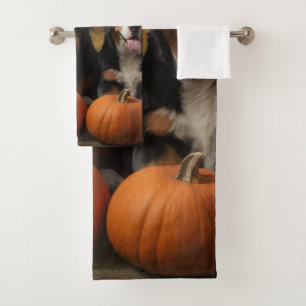 Greater Swiss Mountain Pup Autumn Delight Pumpkin Bath Towel Set