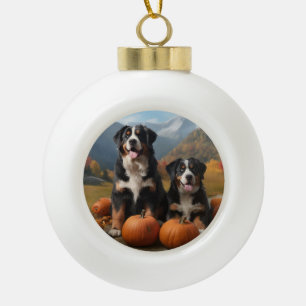 Greater Swiss Mountain Pup Autumn Delight Pumpkin Ceramic Ball Christmas Ornament