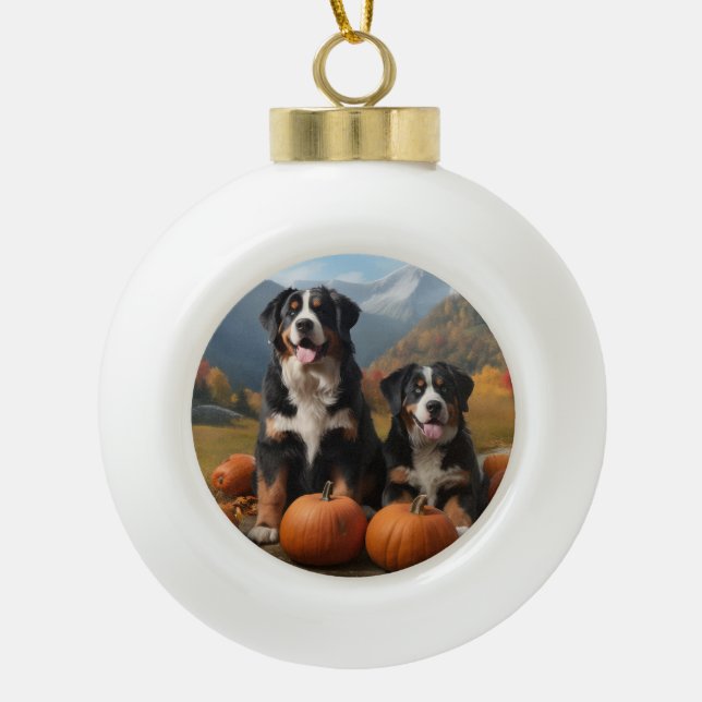 Greater Swiss Mountain Pup Autumn Delight Pumpkin Ceramic Ball Christmas Ornament (Front)