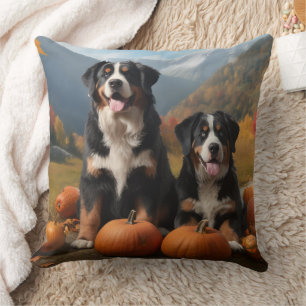 Greater Swiss Mountain Pup Autumn Delight Pumpkin Cushion