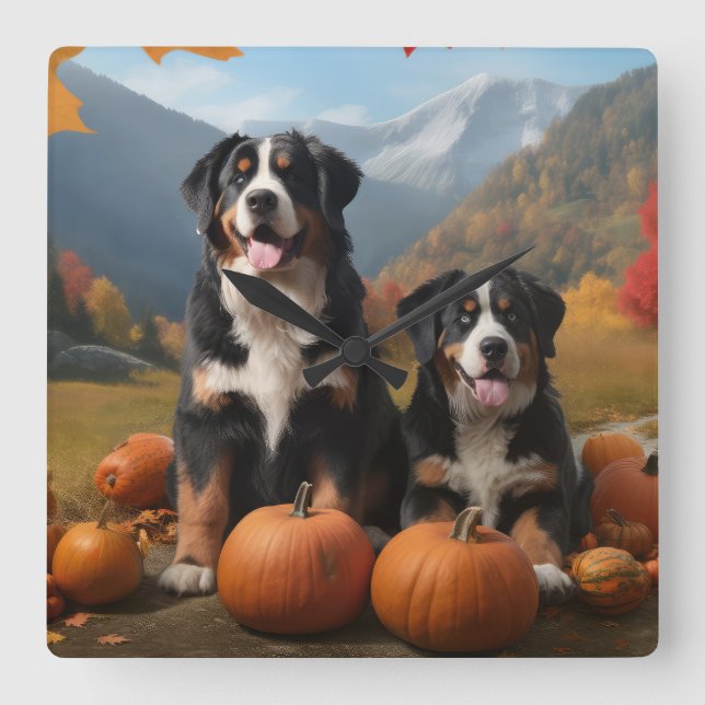 Greater Swiss Mountain Pup Autumn Delight Pumpkin Square Wall Clock (Front)