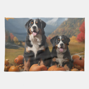Greater Swiss Mountain Pup Autumn Delight Pumpkin Tea Towel