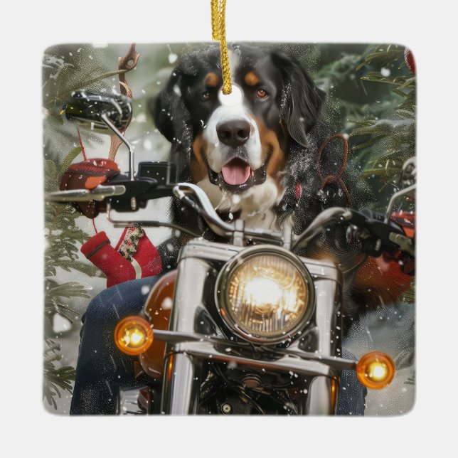 Greater Swiss Mountain Riding Motorcycle Christmas Ceramic Ornament (Front)