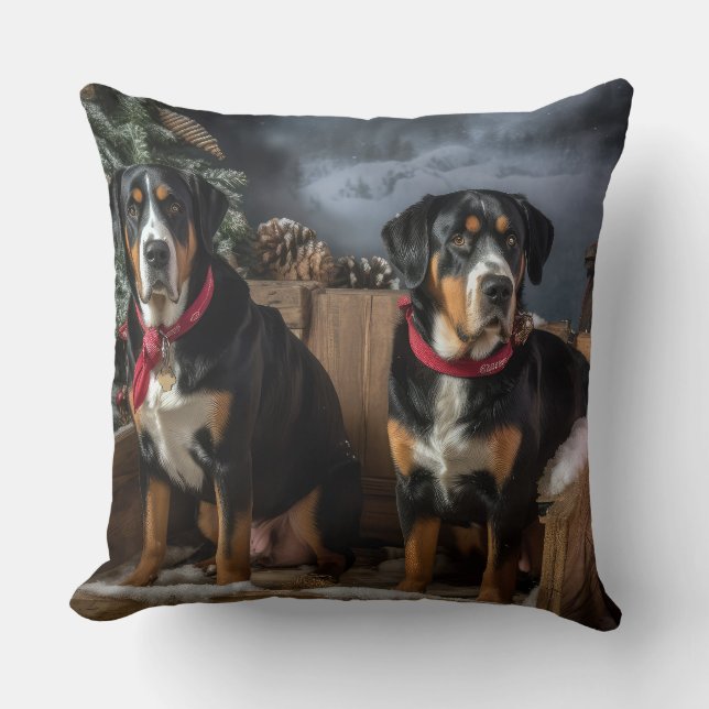 Greater Swiss Mountain Snowy Sleigh Christmas  Cushion (Front)