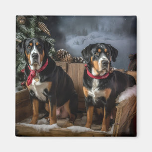 Greater Swiss Mountain Snowy Sleigh Christmas Magnet