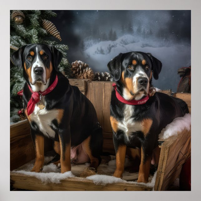 Greater Swiss Mountain Snowy Sleigh Christmas  Poster (Front)