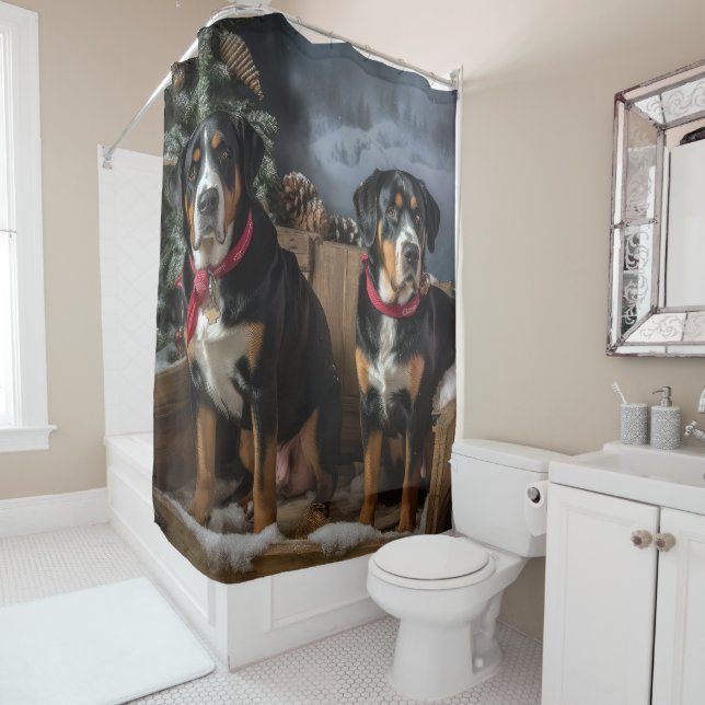 Greater Swiss Mountain Snowy Sleigh Christmas  Shower Curtain (In Situ)