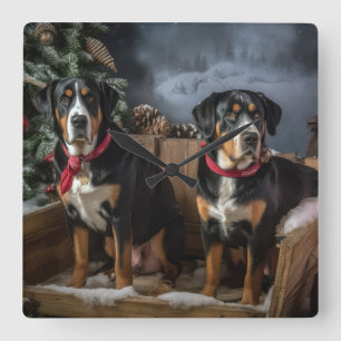 Greater Swiss Mountain Snowy Sleigh Christmas  Square Wall Clock