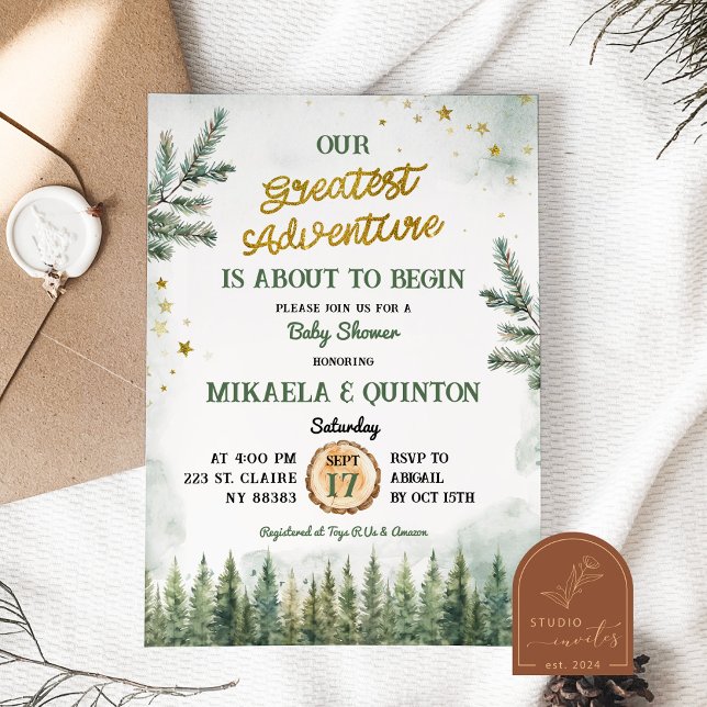 Greatest Adventure Begins Forest Baby Shower Invitation (Creator Uploaded)