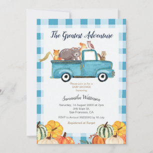 Greatest Adventure Blue Gingham Autumn Baby Shower Invitation