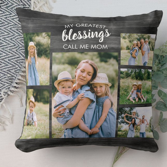 Greatest Blessings Call me Mum 6 Picture Grey Wood Cushion (Creator Uploaded)