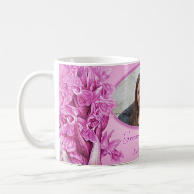 Greatest Grandma pink orchid "own photo" mug (Left)