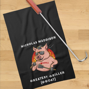 Greatest Griller Pig Mascot Personalised  Tea Towel