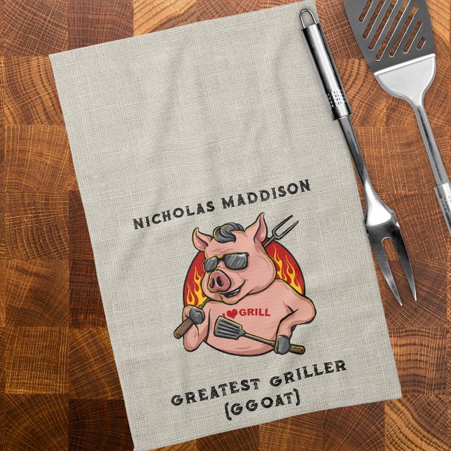 Greatest Griller Pig Mascot Personalised  Tea Towel (Creator Uploaded)