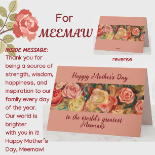 'Greatest Meemaw' Mother's Day Floral Roses Custom Card
