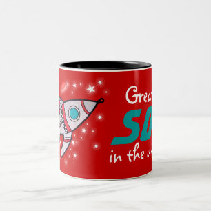 "Greatest SON in the universe" red teal mug