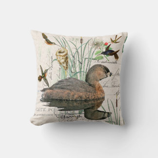 Grebe Hummingbird Birds Cattail French Ephemera Cushion