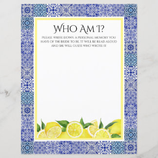 Grecian Blue and Lemon "Who Am I" Shower Game