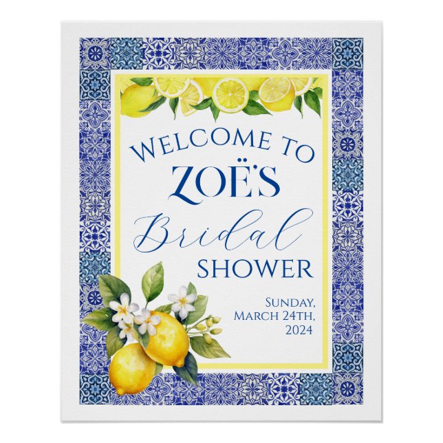 Grecian Blue & Lemon Bridal Shower Welcome Poster (Front)