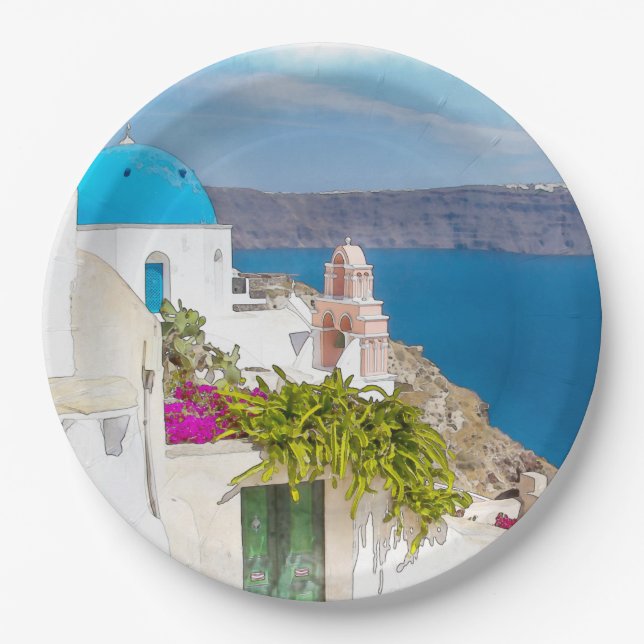 Grecian Paradise. Watercolor painting of Santorini Paper Plate (Front)