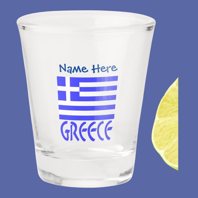 Greece and Greek Flag Blue Personalisation  Shot Glass (Greek flag on a shot glass with the word GREECE underneath in blue letters. Add s name above.)