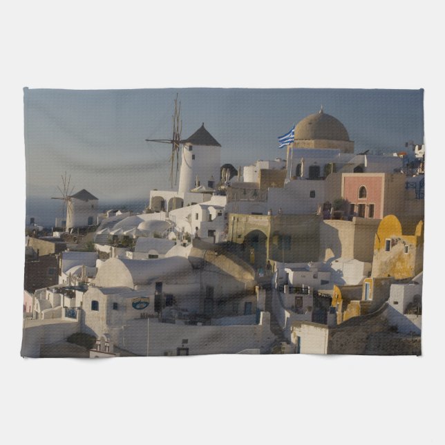 Greece and Greek Island of Santorini town of Oia Tea Towel (Horizontal)