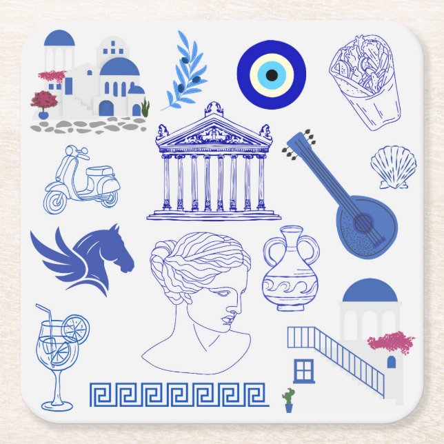  Greece Blue and White Square Paper Coaster (Front)