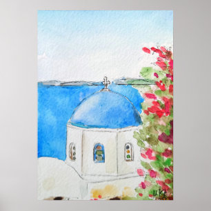 Greece blue church  ink and watercolor  poster