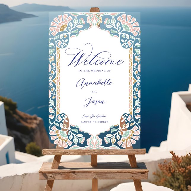 Greece Blue Floral Ornate Frame Wedding Welcome Acrylic Sign (Greece Blue Floral Ornate Frame Wedding Welcome Acrylic Sign
)