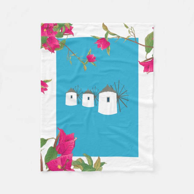 Greece Bougainvillea Greek Island Windmills Fleece Blanket (Front)