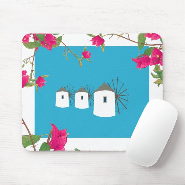 Greece Bougainvillea Greek Island Windmills Mouse Pad (With Mouse)