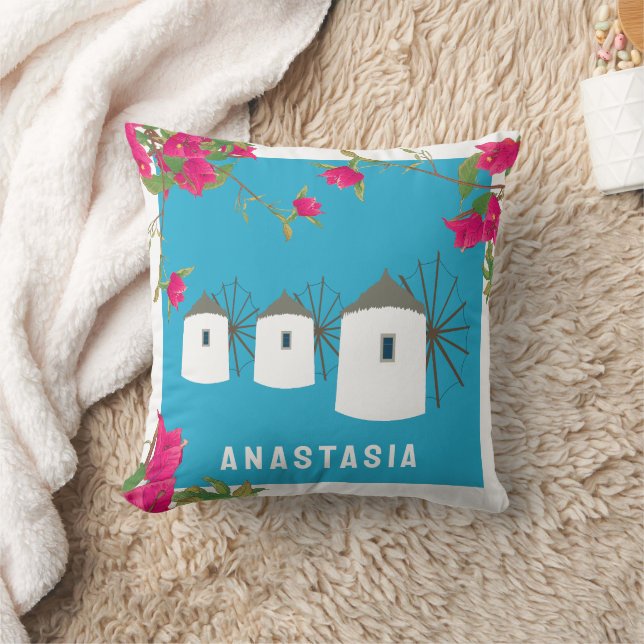 Greece Bougainvillea Greek Island Windmills Name Cushion (Blanket)