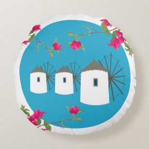 Greece Bougainvillea Greek Island Windmills Round Cushion