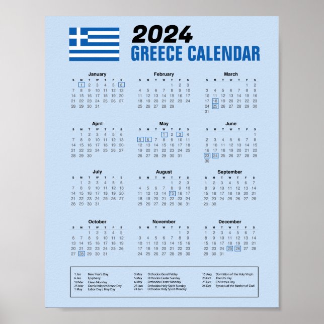 Greece Calendar with Greek Holidays 2024 Download Poster (Front)