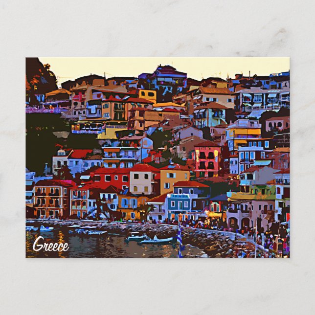 Greece colourful building beach postcard (Front)